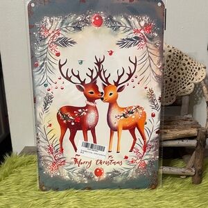 NEW Christmas Metal Tin Vintage Inspired Merry Christmas Reindeer Sign 8 x 12